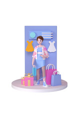 3D Girl standing with their shopping bags and clothes. Online shopping concept