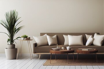Living room interior wall mockup in warm neutrals with low sofa, beige pillow, dried Pampas grass, caned table and japandi style decor on empty white wall background. 3D rendering, illustration.