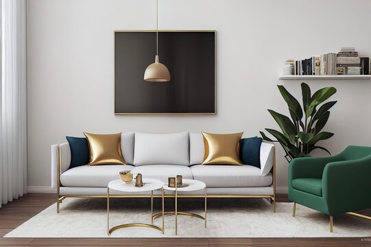 Luxury interior with stylish chair, wooden commode, mock up poster frame, plants, gold decoration and elegant personal accessories. Modern living room in classic house. Template.