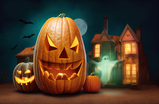 Halloween. An illustration for the holiday depicting a haunted house with pumpkins and bats. Creepy landscape for posters, postcards, banners and wallpapers.