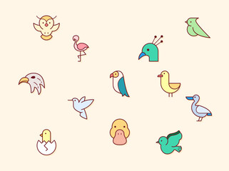 Vector illustration of a bird and animal elements. Contains such as owl, sparrow, penguin, goose, dove and more. Flat illustration style line drawing and background color beige.