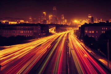 Fototapeta na wymiar Light streaks on the highway with the city - slightly toned.