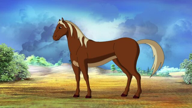 Wild Brown horse walks on the prairie