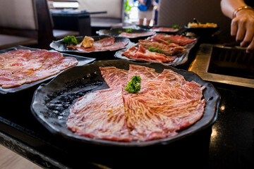 raw beef steaks photographed from above with copy space Stock Picture

