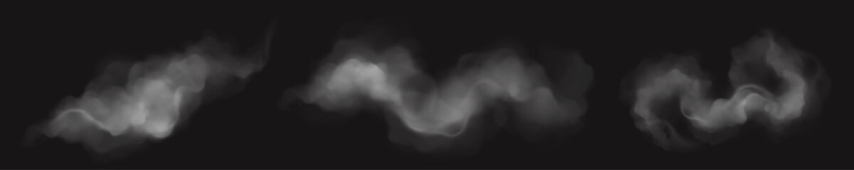 Realistic smoke clouds, white cigarette steam, speed trail or dust, flow mist, puff, smog or haze isolated design elements on black background. Steaming fire or fog fume, 3d Vector illustration, set © klyaksun