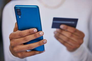 Finance, credit card and payment with phone and woman check for online shopping, investment and internet banking. Security, password and fintech with hands of customer for ecommerce, sales and app