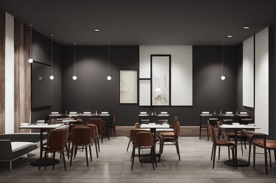 Interior of modern restaurant with dark gray walls, wooden floor, square tables, bar counter and sofa in the background. Vertical mock up poster. 3d rendering
