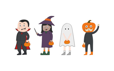 Kids Halloween costume cute character vector illustration. Cute kids dress Dracula, witch, ghost, pumpkin head for Halloween party .