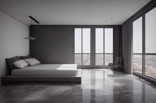 Grey and wooden sleeping room, bed on grey marble floor, side view. Minimalist design of bedroom with wardrobe and windows with city view, 3D rendering no people