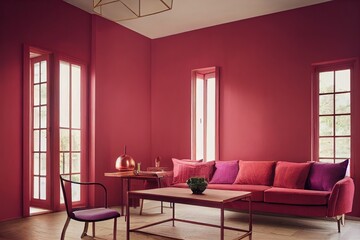 Wooden cupboard against red wall in decorative living room interior with copper table and violet sofa