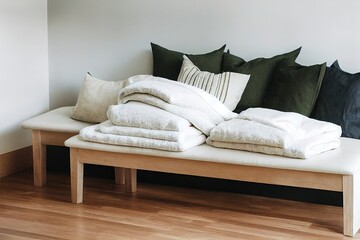 Fototapeta na wymiar Pillow and blanket on wooden bench next to bags in natural white living room interior. Real photo
