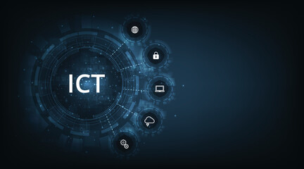 ICT- Information and communication technology concept.Information and communication technology on dark blue background.Wireless communication network. Intelligent system automation.