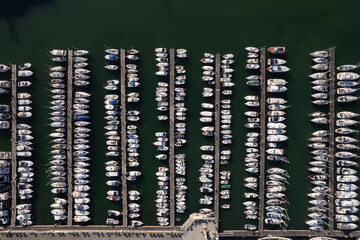 Aerial view of boats moored in the tourist port of Viareggio Italy