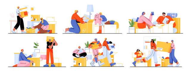 Happy family moving into new house, people relocation. Mother, father and children load, carry boxes and things to home. Characters buying real estate apartments, Line art flat vector illustration