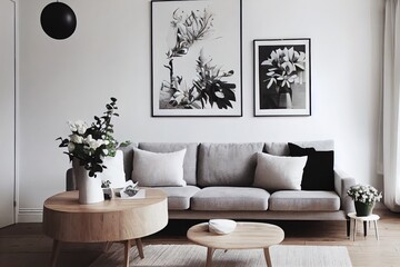 Modern scandinavian interior of living room with wooden console, rings on the wall, flowers in vase and elegant personal accessories. White walls with copy space. Stylish home decor. Template.