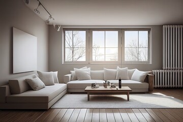 Beige minimalist living room interior with sofa on a wooden floor, decor on a large wall, white landscape in window. Home nordic interior. 3D illusttration