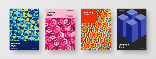 Vivid mosaic hexagons corporate brochure concept bundle. Minimalistic book cover A4 design vector layout composition.
