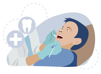 Dentist checking boys teeth in a dentists office. Proper dental care.