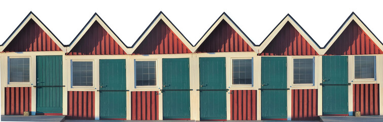 front view of beach cabins in Sweden aligned under white background