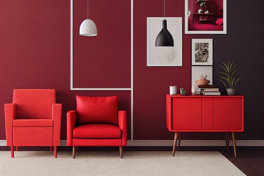 Real photo of a red armchair in a dark living room interior with a small table, black lamp and a chest with the plants and ornaments around them. Poster mockup with a place for your graphic