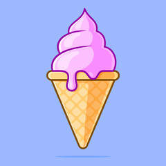 Pink ice cream in a waffle cone on blue background