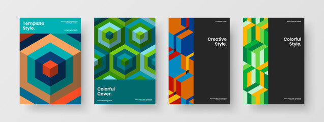 Fototapeta premium Clean corporate brochure vector design template bundle. Vivid geometric pattern annual report concept collection.