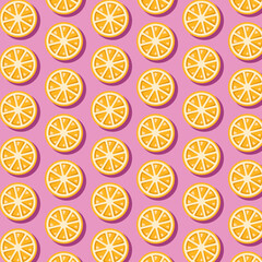 Seamless orange pattern on a pink background. Appetizing vector illustration of repeating orange halves. Simple illustrations of orange halves for packaging design, postcards.
