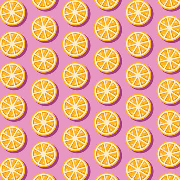 Seamless orange pattern on a pink background. Appetizing vector illustration of repeating orange halves. Simple illustrations of orange halves for packaging design, postcards.