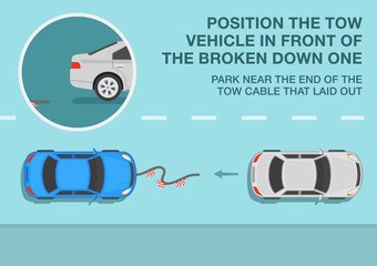 Safe driving tips. Rules for towing vehicles. White car towing a broken down blue car on a flexible hitch. Position the tow vehicle in front of the broken down one. Flat vector illustration.