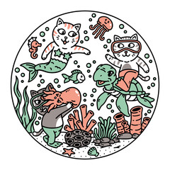 a group of cats diving in the sea illustration