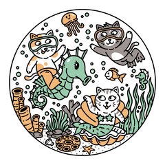 a group of cats having fun in the sea illustration