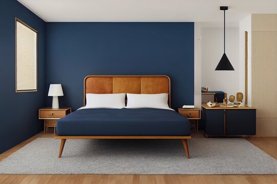 Modern Mid Century And Minimalist Interior Of Bedroom ,wood Bed And Bedside Table With Leather Armchair On Dark Blue Wall And Wood Floor ,3d Render