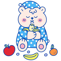 Cute bear eating fruit hand drawn illustration in cartoon design