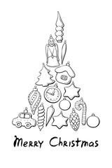 Vector Triangle of contoured glass toys, decorations for xmas tree with lettering Merry Christmas. New year, Xmas illustration for greeting cards, invitations, calendars. Outline, doodle, hand drawn