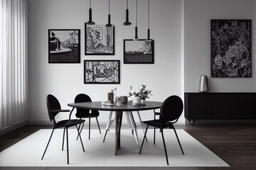 Stylish dining room interior with design wooden family table, black chairs, teapot with mug, mock up art paintings on the wall and elegant accessories in modern home decor. Template.