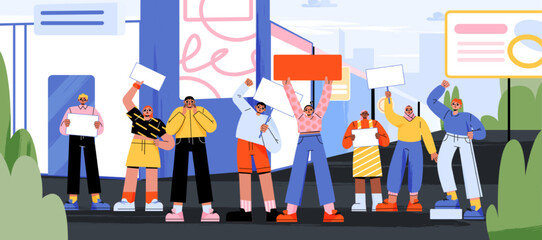 People activists protest on demonstration on city street. Group of diverse angry characters holding white blank banners and placards, vector flat illustration
