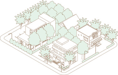 街並みの立体図. 都市の景観. 線画のイラスト.