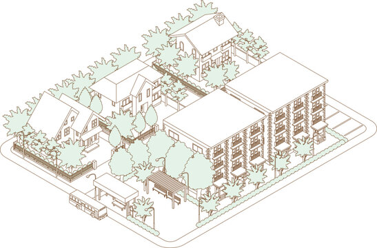 isometric neighborhood scene with houses and bus stop clip art preview