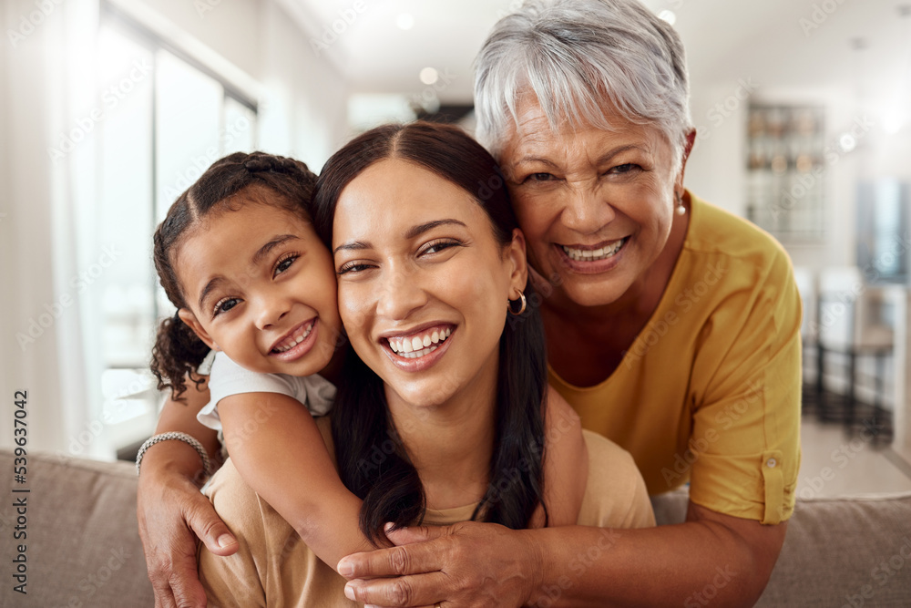 Poster Child, mother and grandmother portrait while at home on sofa with smile, love and support sharing hug for generation of senior, woman and child. Portrait of brazil girls happy on mothers day together