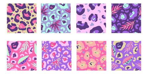 Y2k leopard seamless background set. Psychedelic pink leopard print. Seamless abstract animal, skin pattern. Trendy illustration. Vector graphic illustration.