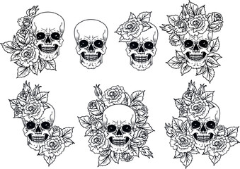 Skulls with roses. Skull and flowers hand drawn illustration. Human skull portrait with floral wreath. Vector illustration isolated on white background.