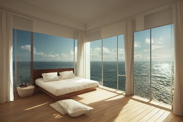 White tropical bedroom interior, Coastal style, 3d render