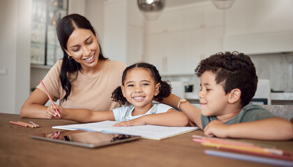 Family, children and education with a girl, boy and mother doing homework or learning at a dining room table of the home. Kids, love and school with a woman teaching her daughter and son in a house