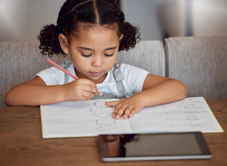 Education, homework and child writing in notebook for preschool e learning, shape study or...