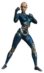 3D rendered female robot in action pose isolated on transparent background - 3D Illustration © diversepixel