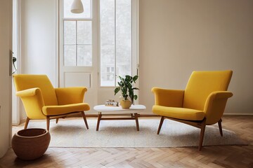 A retro, yellow armchair and a wooden table in a beautiful, sunny living room interior with herringbone floor and white walls. Real photo.