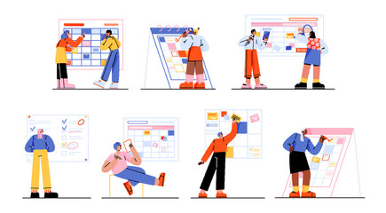 People organize work, planning tasks with calendar and checklists. Concept of agenda, business management, routine schedule. Diverse persons with task boards, vector flat illustration