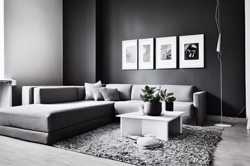 Modern interior design. Stylish bright living room decorated with comfortable sofa, coffee table, flowers, painting, white walls. Minimalistic apartment for rent.