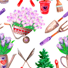 Seamless watercolor pattern, garden theme, potted seedlings, garden tools wheelbarrows tulips on a on a white background