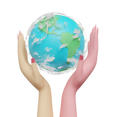 cartoon woman hands holding planet earth, concept 3d illustration or 3d render